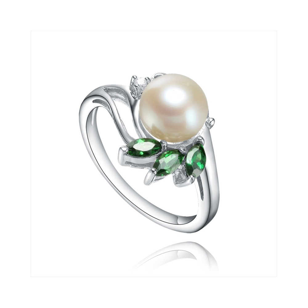 Sterling Silver Pearl Ring with White and Green CZ